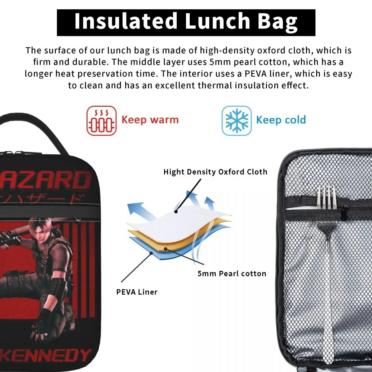 Retro Leon S Kennedy Insulated Lunch Bag Cooler Bag  Meal Container Resident Evils Portable Tote Lunch Box Bento Pouch College