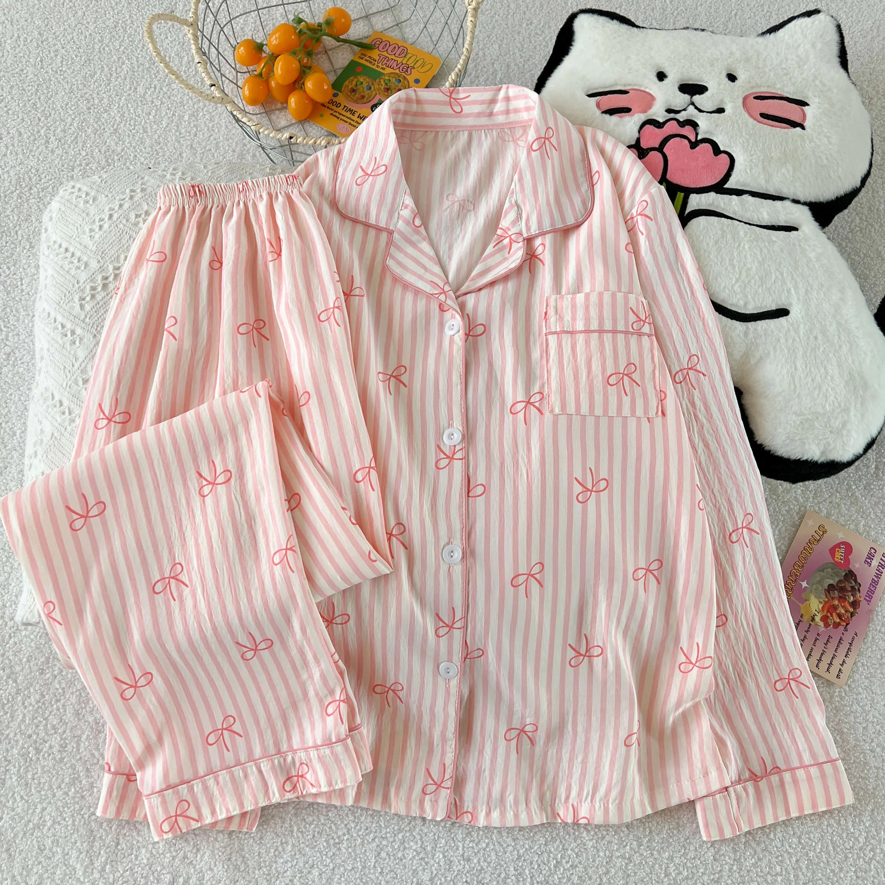 Pink Bow Tie Design Pajamas for Women Long Sleeve Top & Elastic Waist Pants Pajamas Set Harajuku Style Casual New Home Wear
