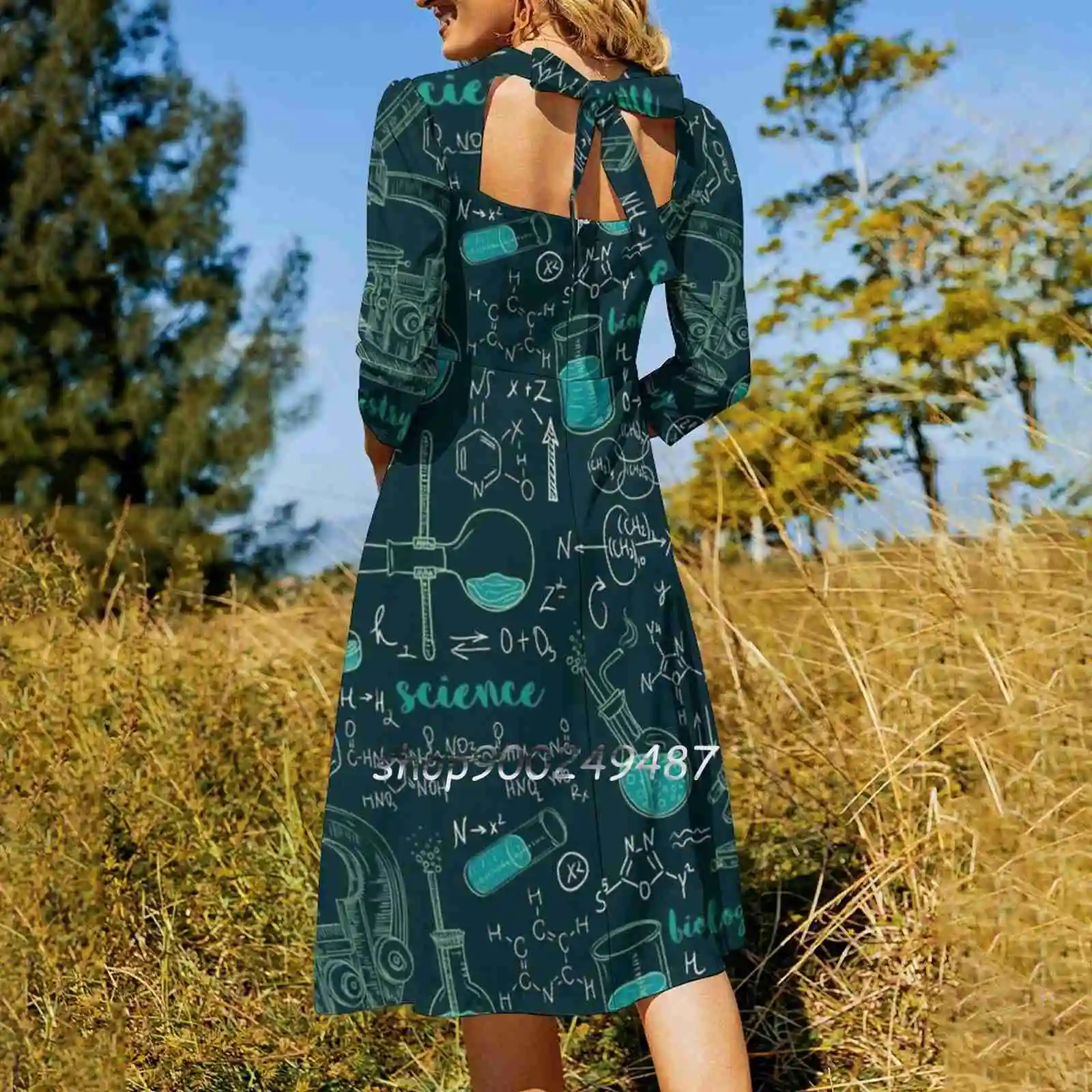 Vintage Seamless Pattern Old Chemistry Laboratory With Sweetheart Knot Flared Dress Fashion Design Large Size Loose Dress