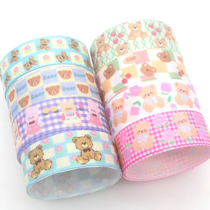 DHK 50yards Bear Japan Kawaii Plaid Printed Grosgrain Ribbon Accessories Material Headwear Decoration DIY Sewing Craft S1790