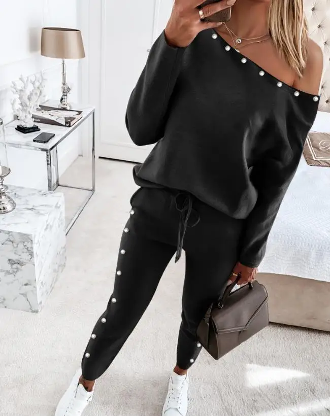 Womens Sexy Pants Two Piece Sets Outfit Cold Shoulder Beaded Top & Drawstring Pants Set 2023 Autumn Winter Spring Fashion Casual