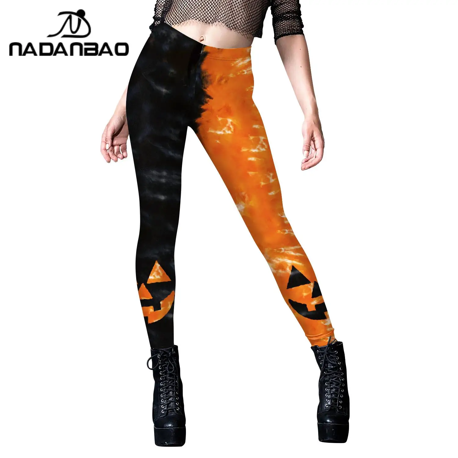 Nadanbao Halloween Strakke Broek Voor Dames Zwart Oranje Pompoen Lachend Gezicht 3d Digitaal Printen Sport Fitness Yoga Legging