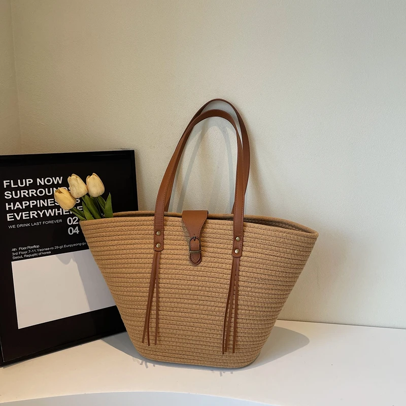 

Женская плетеная пляжная сумка из ротанга, большая вместительная соломенная сумка через плечо для моря, многофункциональная соломенная сумка-тоут, дорожная сумка для отпуска