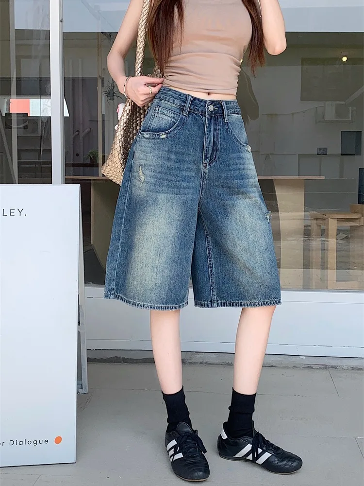 

American Washed High Waist Straight Leg Five-Point Jeans Women's Summer New Style Popular Casual Denim Pants Blue Color
