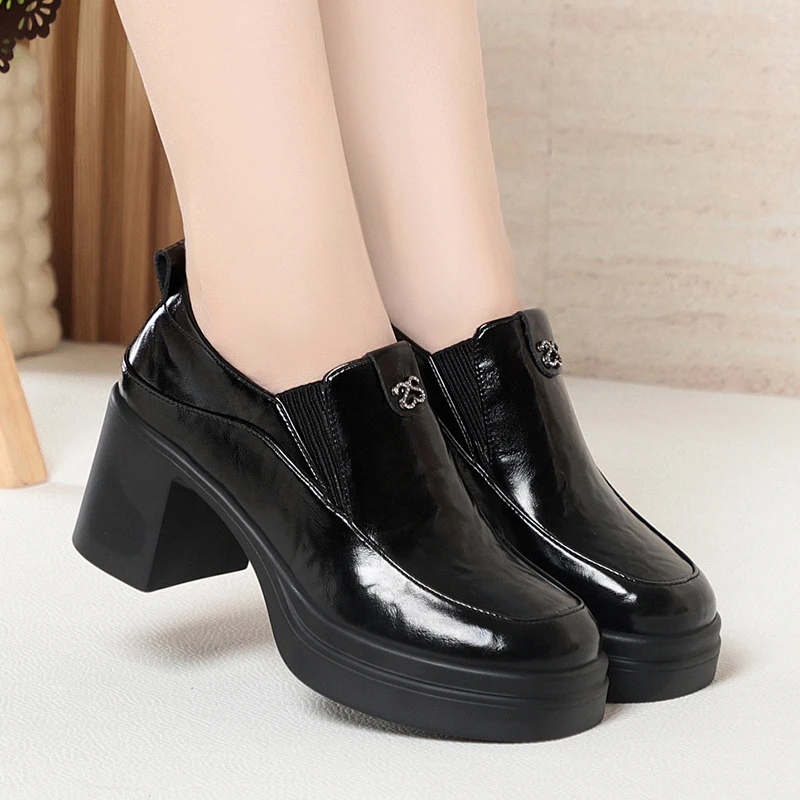 

High-Heeled Leather Shoes Spring Single Shoes Thick Heel Thick Sole Slip-On Women's Shoes Square Toe Middle-Aged Mother's Shoes
