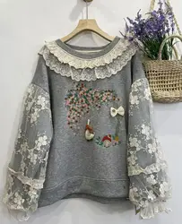 Harajuku Japanese Kawaii Cartoon Embroidery  Sweatshirt Women Pullover Mori Girl Original Long Sleeve Lace Patchwork Pullover