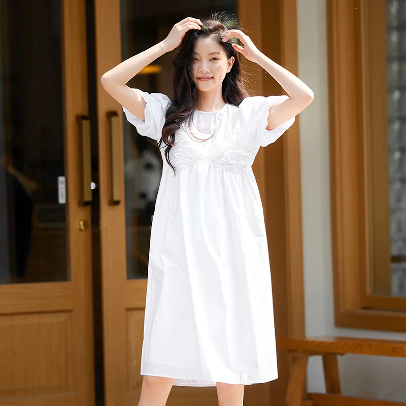 Semir Women Dress Stitching Fake Two Pieces White Bubble Sleeves 2023 Summer New Loose Cut-Out Dress Temperament