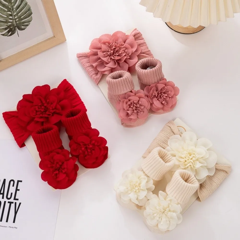 3Pcs/Set New Lace Flower Headband Socks Set Elastic Anti Slip Hair Bands Cotton Socks Infant Photogrphy Props