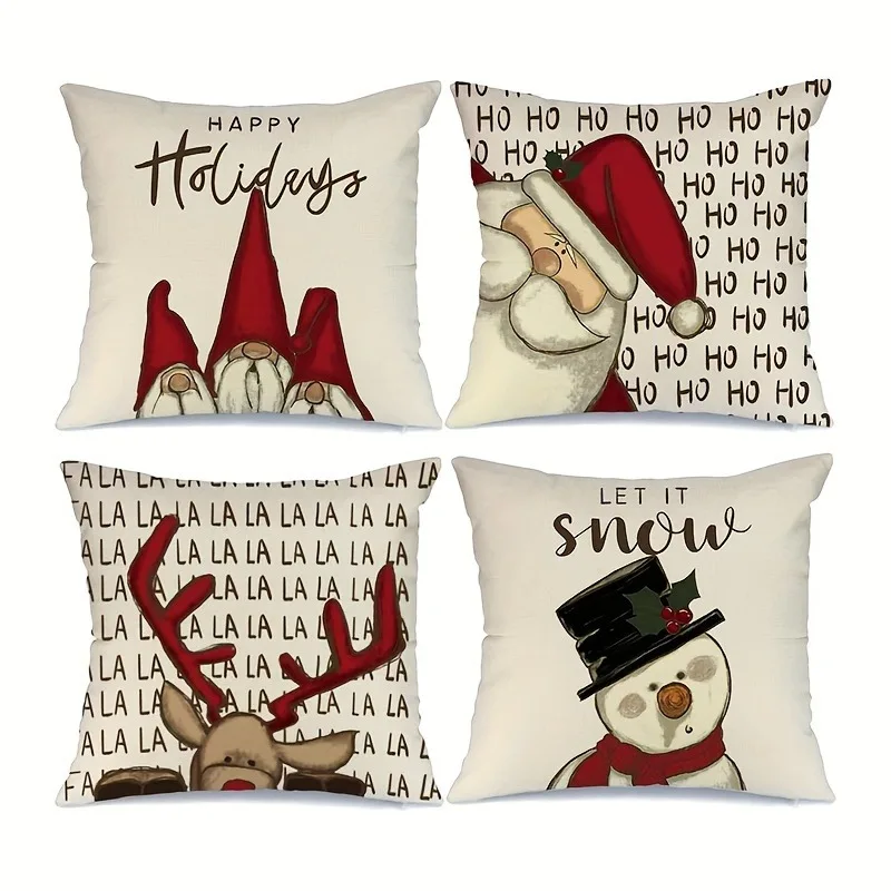 Set of 4 Vintage Christmas Covers 18x18 Inch Square Cushion Cases with Santa, Gnome, Snowman Reindeer Patterns Zippered