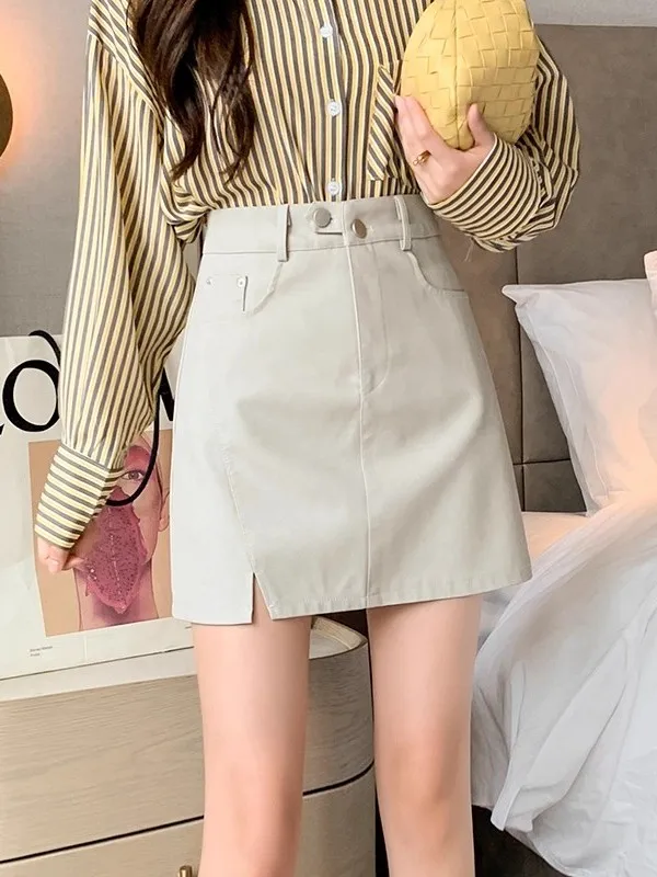 

Модная женская юбка А-силуэта с высокой талией из искусственной кожи, новая, простая, универсальная, на все сезоны (осень, зима, весна)