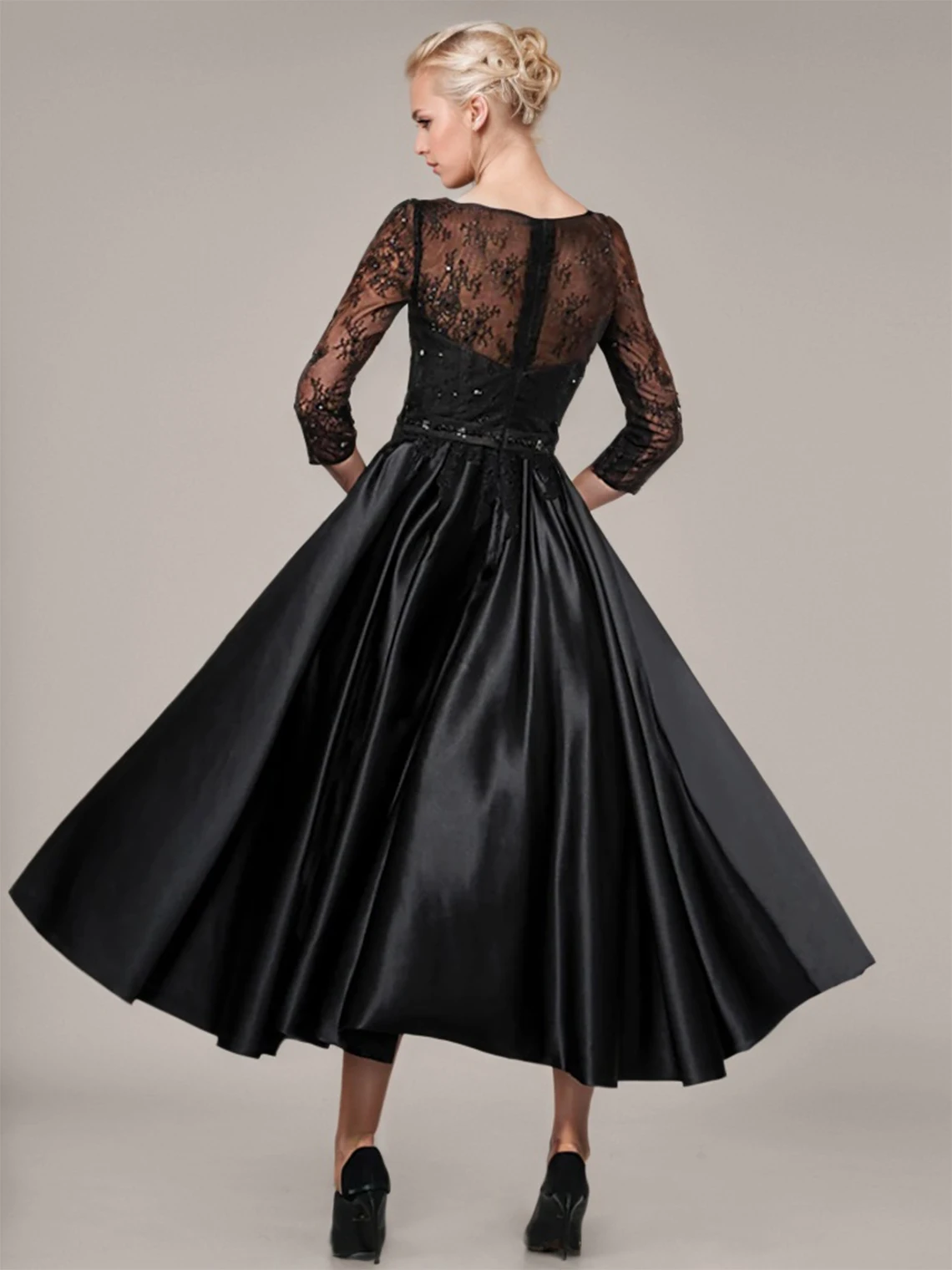 Elegantes Vintage-Abendkleid aus Satin in A-Linie, U-Boot-Ausschnitt, 3/4-Ärmel, Paillettenverzierung, knöchellanges Abendkleid, 2025, kostenlos individuell gestaltet