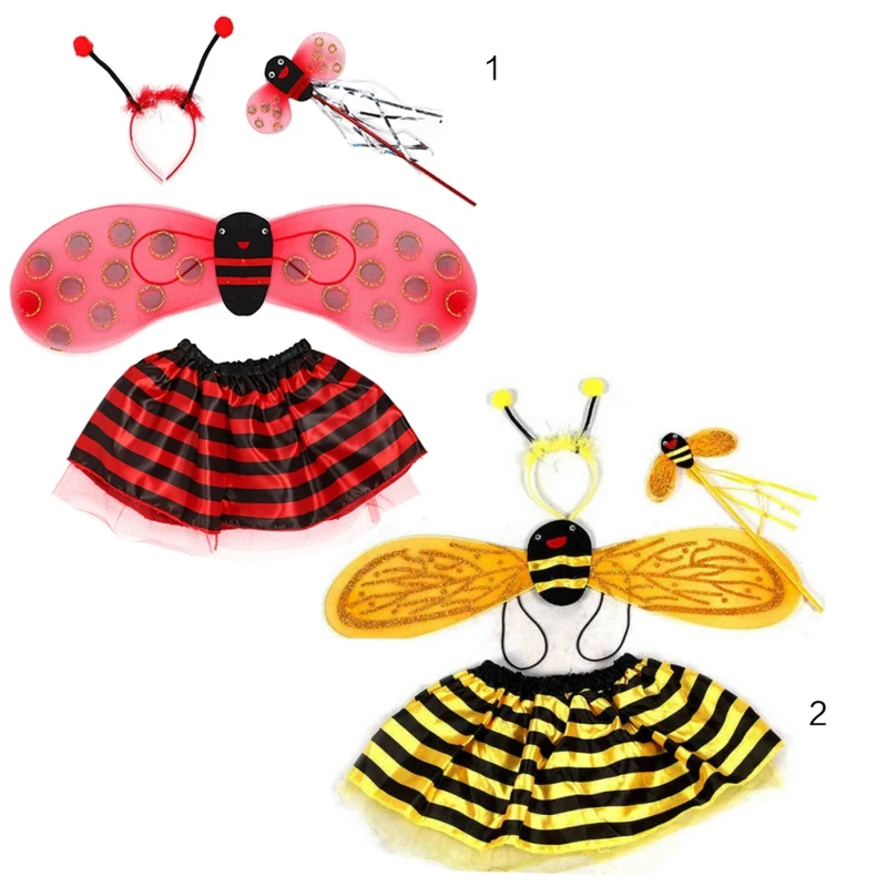 Kid Cosplay Costume Set Bee Glitter Cute Wing Striped Layered Tutu Skirt Wand Headband Dress Up Halloween Perform Outfit