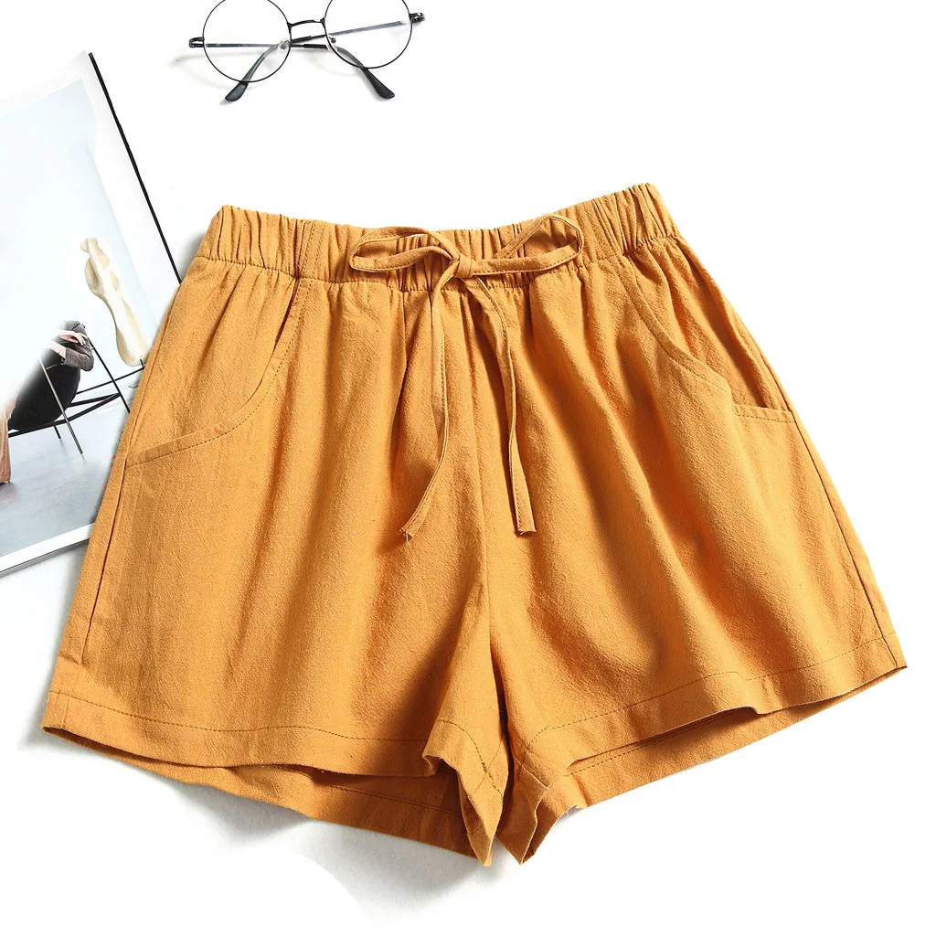 Women\'s Drawstring High Waist Solid Color Shorts Summer Loose Beach Elastic Waist Simplicity Daily Casual Shorts With Pocketed