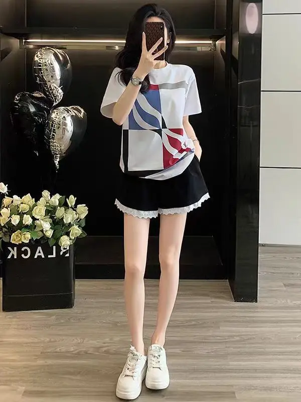 

New Summer Casual Sportswear Set Women Loose Fashion Youthful Short Sleeve Lace Shorts Two Piece