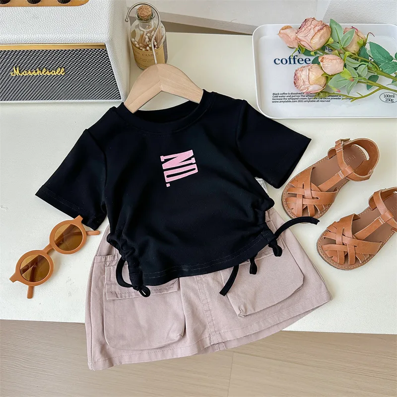 

Korean Girls Suit2024Summer New Girl Suit Little Girl Western Style Letter Short SleeveTT-shirt Skirt