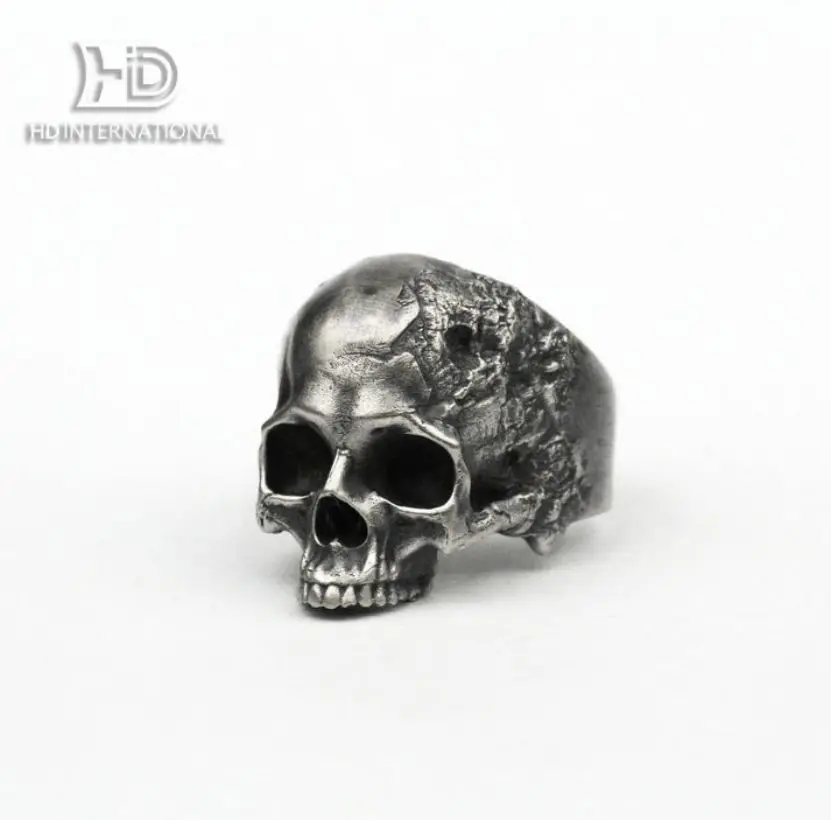 925 silver Battle-damaged skull Unique Heavy Sugar Skull Ring half jaw mens skull biker masonic Statement Brass custom jewelry