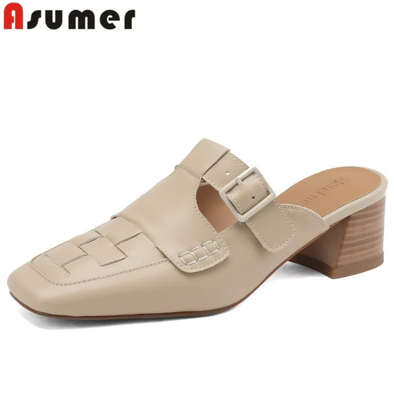 

ASUMER 2024 New Size 34-40 Genuine Leather Mules Slippers Woman Square Med Heels Slippers Ladies Solid Summer Shoes