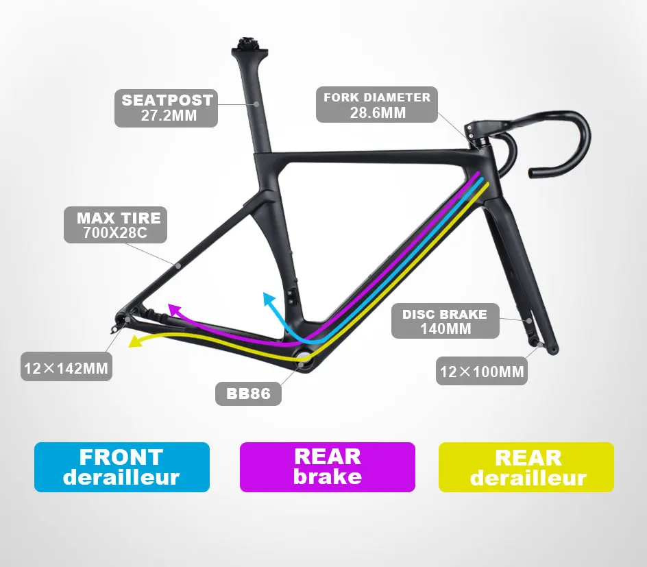 Aero Carbon Road Frame Disc Brake Max 700*28C Road Bicycle Frameset Full Internal Cable 49-59cm Carbon Bike Frames