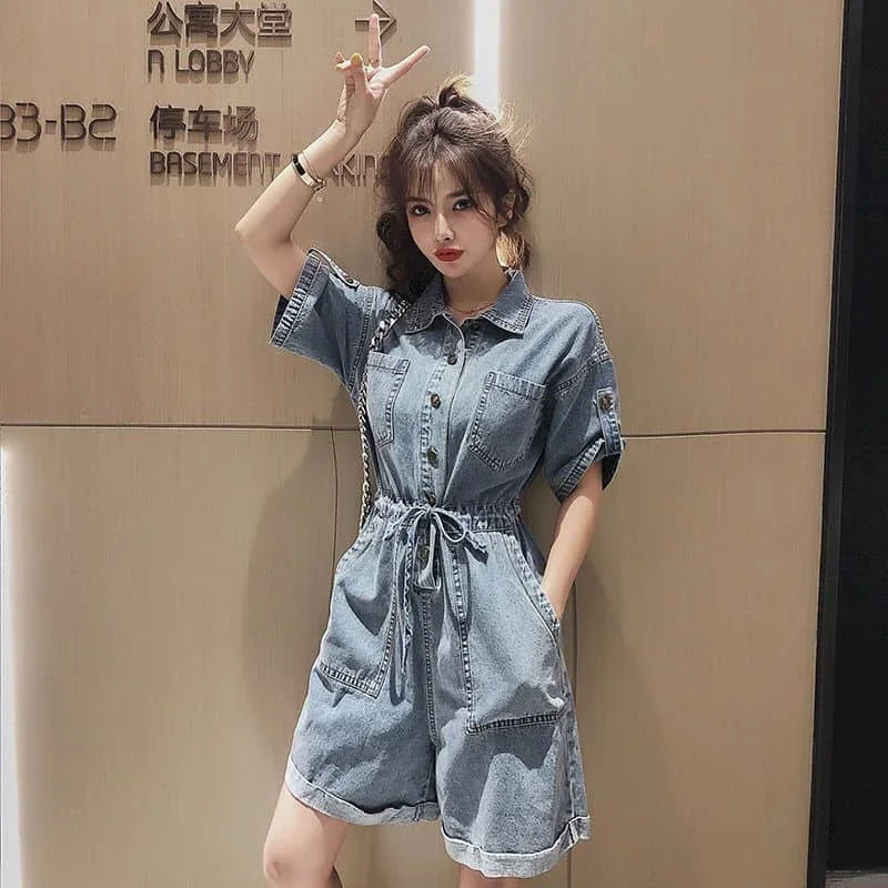 Pop Denim Jumpsuits Women Half Sleeve Loose Oversized Casual Tops One Piece Outfit Women Playsuits Overalls For Women Denim Shor