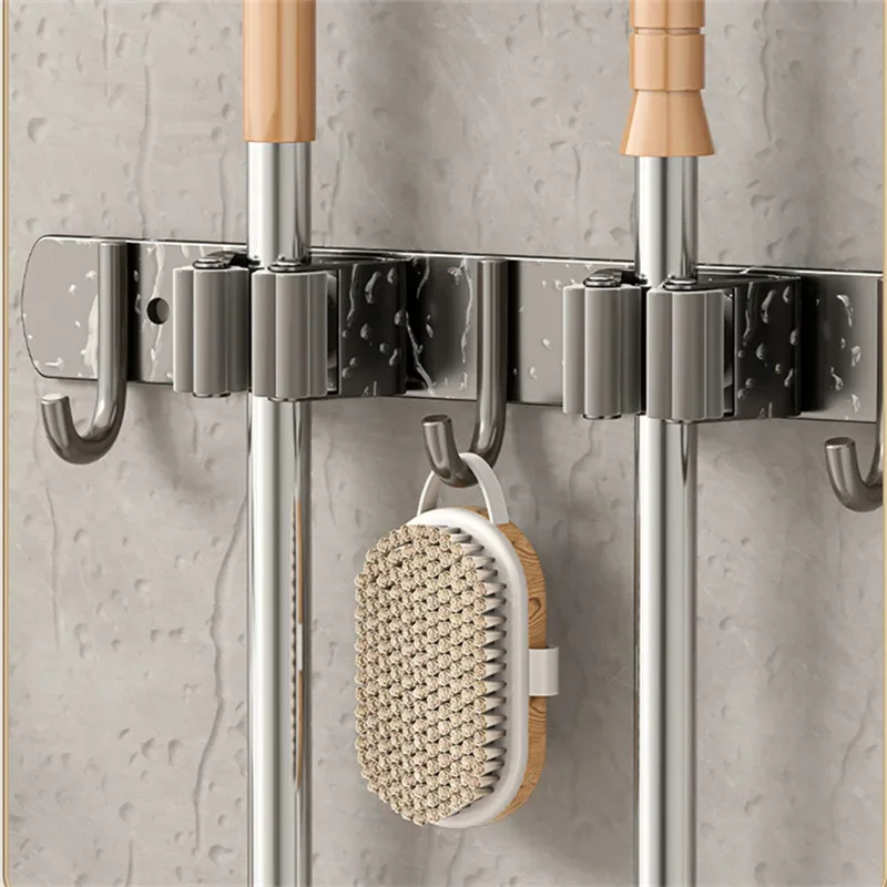 Wall Mounted Stainless Steel Mop Holder No Drilling Mop Broom Organizer Storage Rack Porous Broom Hanger Cloth Hook - view 5