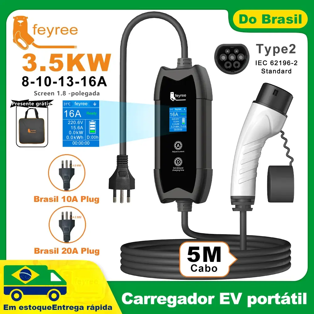 Feyree Type2 EV Carregador 3.5kW 16A 1 Fase 5M Cabo EVSE Caixa de Carregamento Portátil Carregador Brasil Plug 10A/20A para Veículo Elétrico