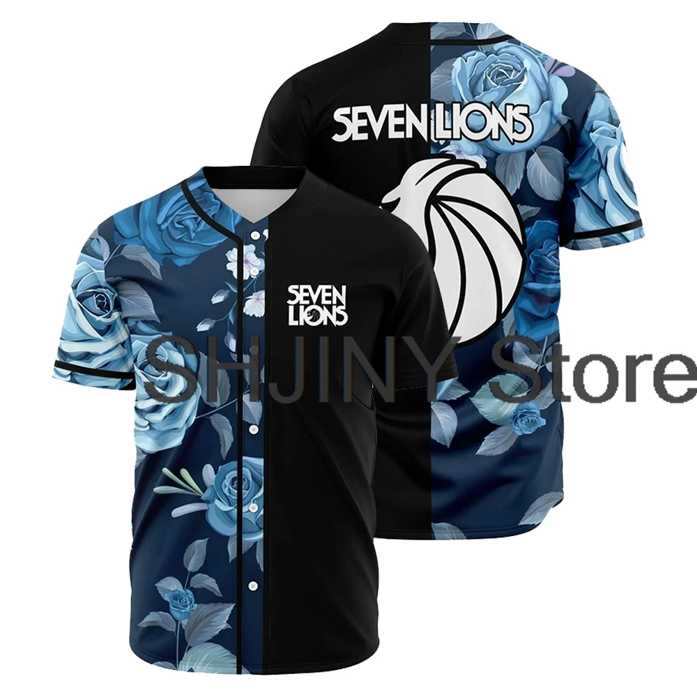 Seven lions Blue Baseball Jersey V-Neck Short Sleeve Button-up Shirts Women Men Streetwear Hip Hop Clothes