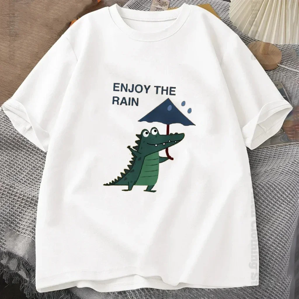 

ENJOYTHERAINSummerKnittedShirtAnimeUmbrellaDinosaurPatternWomensShortsleevedTshirtNeutralStyleashioLoose женская футболка размера выше