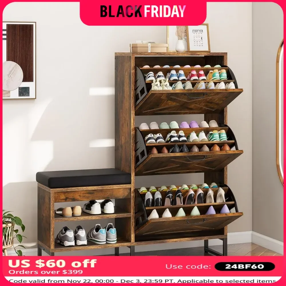 Shoe Cabinet with 3 Flip Drawers & Shoe Bench for Entryway Narrow Slim Shoes Rack Organizer Shoe Storage Cabinet