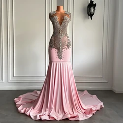 Long Pink Prom Dresses 2026 Sheer Mesh Top Luxury Sparkly Silver Diamond Black Girls Pink Prom Formal Party Gowns