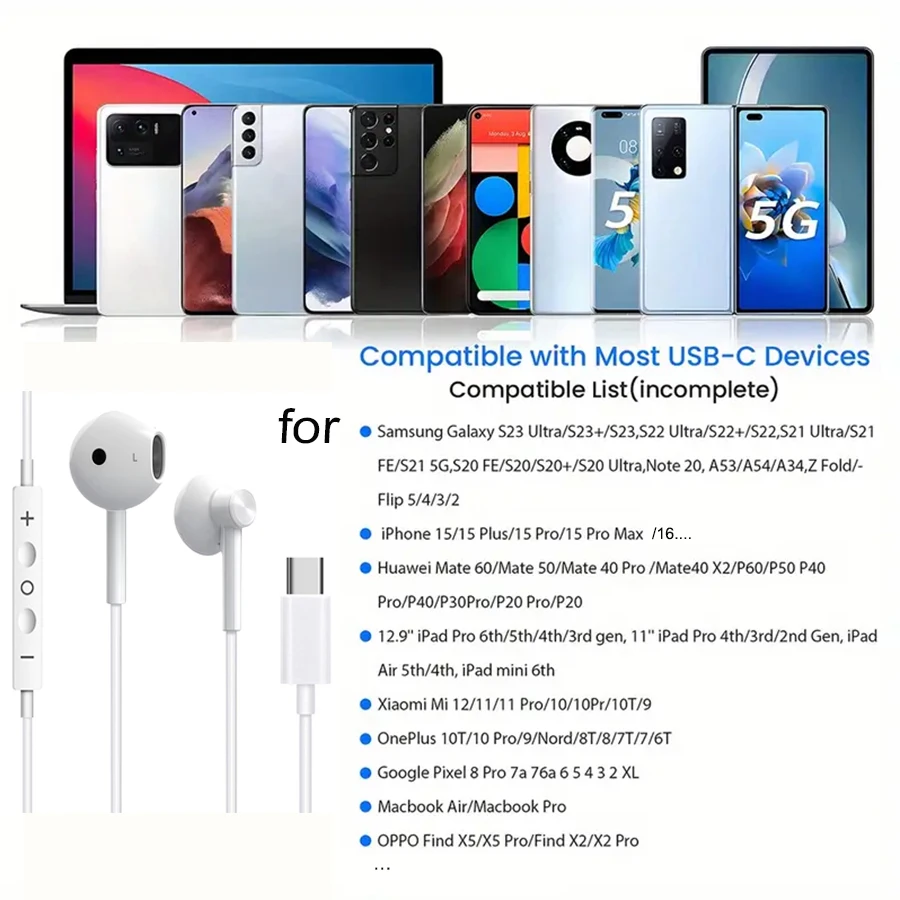 سماعات أذن سلكية لهاتف أبل آيفون 17 16 15 14 13 12 Pro Max سماعات سامسونج لـ Lightning USB C 3.5 مللي متر سماعات أذن