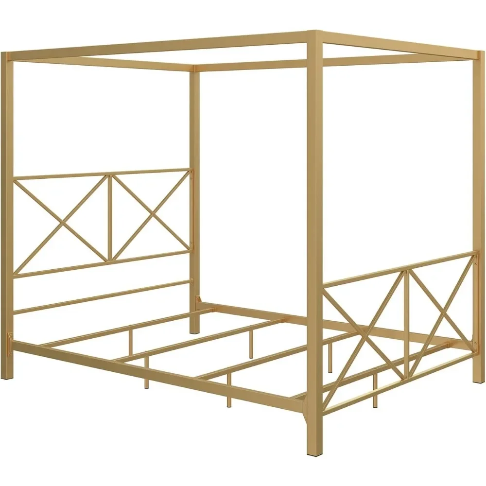 Rosedale Metal Canopy Bed Frame with Four Poster Design and Geometric Accented Headboard and Footboard, Underbed Storage