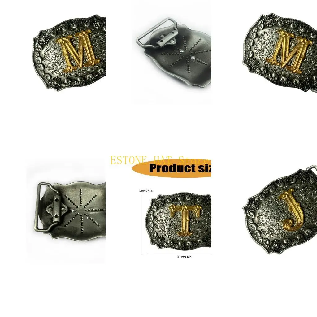 49MF Western Belt Buckle with Initial Center Detail, Antique Metal Contrast and Engraved Scroll Pattern for Outfit Use