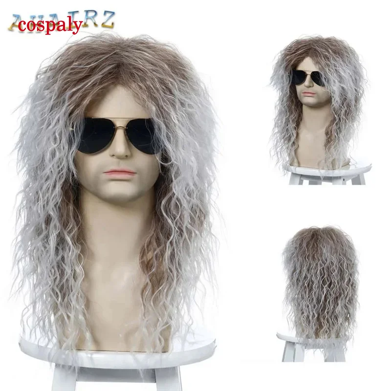 A Synthetic black silver wig long curly puffy wigs for men punk cosplay Halloween disco rock party wig