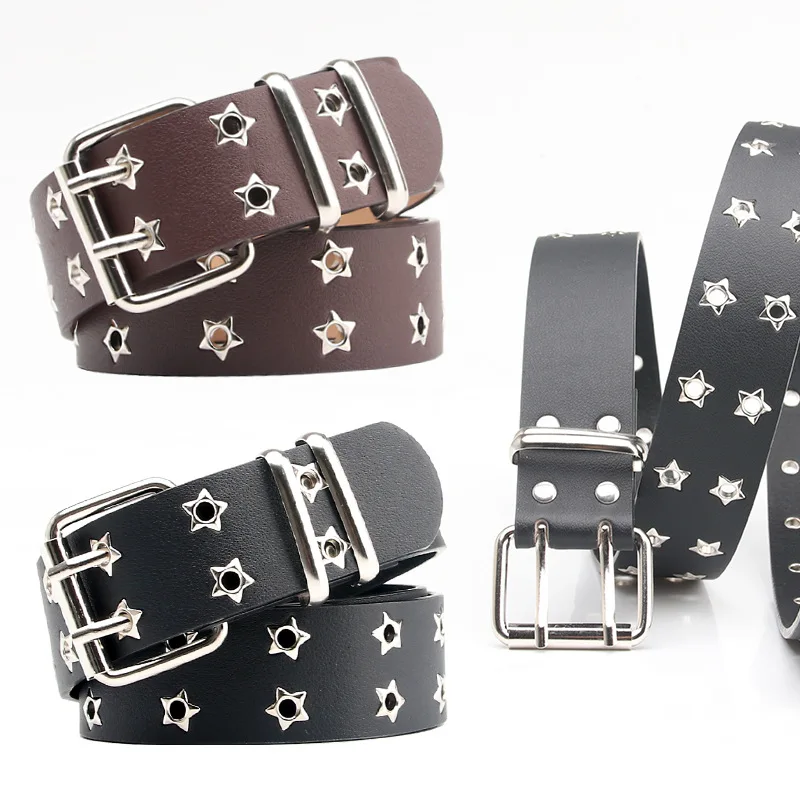 

New Star Double Row Needle Buckle 3.8cm Leather Belt Fashion Men's And Women's Travel Casual Punk Style Jeans Belt Black Coffee