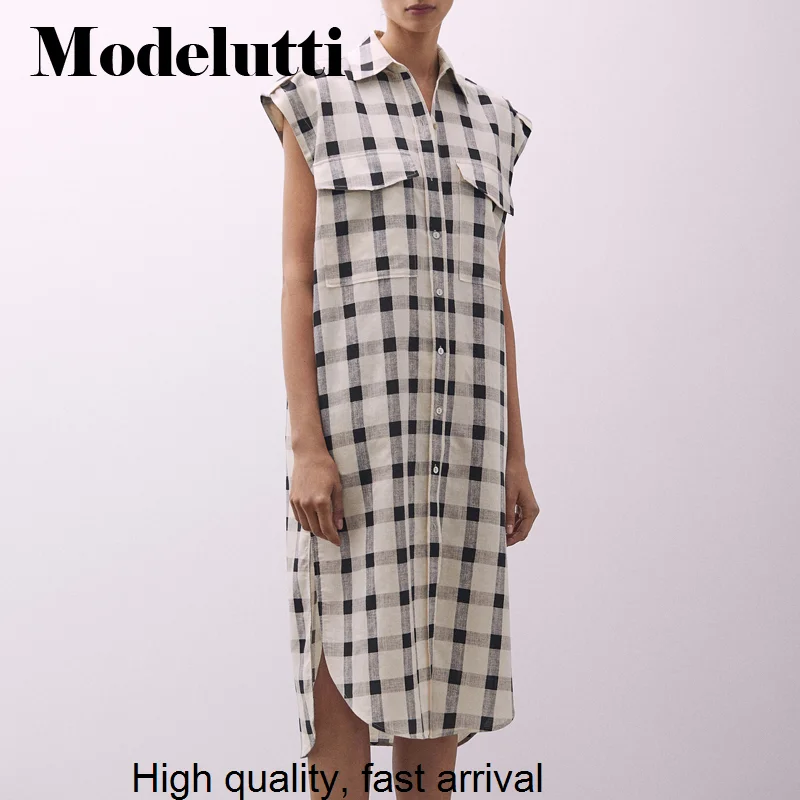 Summer 2023 New Short Sleeve Polo Neck Fashion Women Plaid Striped Shirt Midi Dress Belt Simple Casual Female Robe