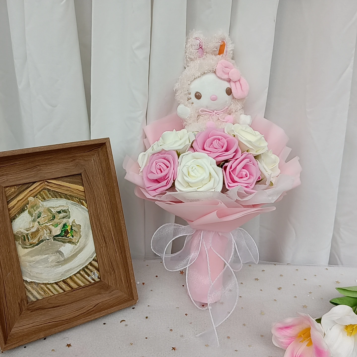 MINISO Kuromi Hello Kitty Plush Bouquet with Rose Anime My Melody Cinnamoroll  Plush Doll Valentine's Day Birthday Christmas Gif
