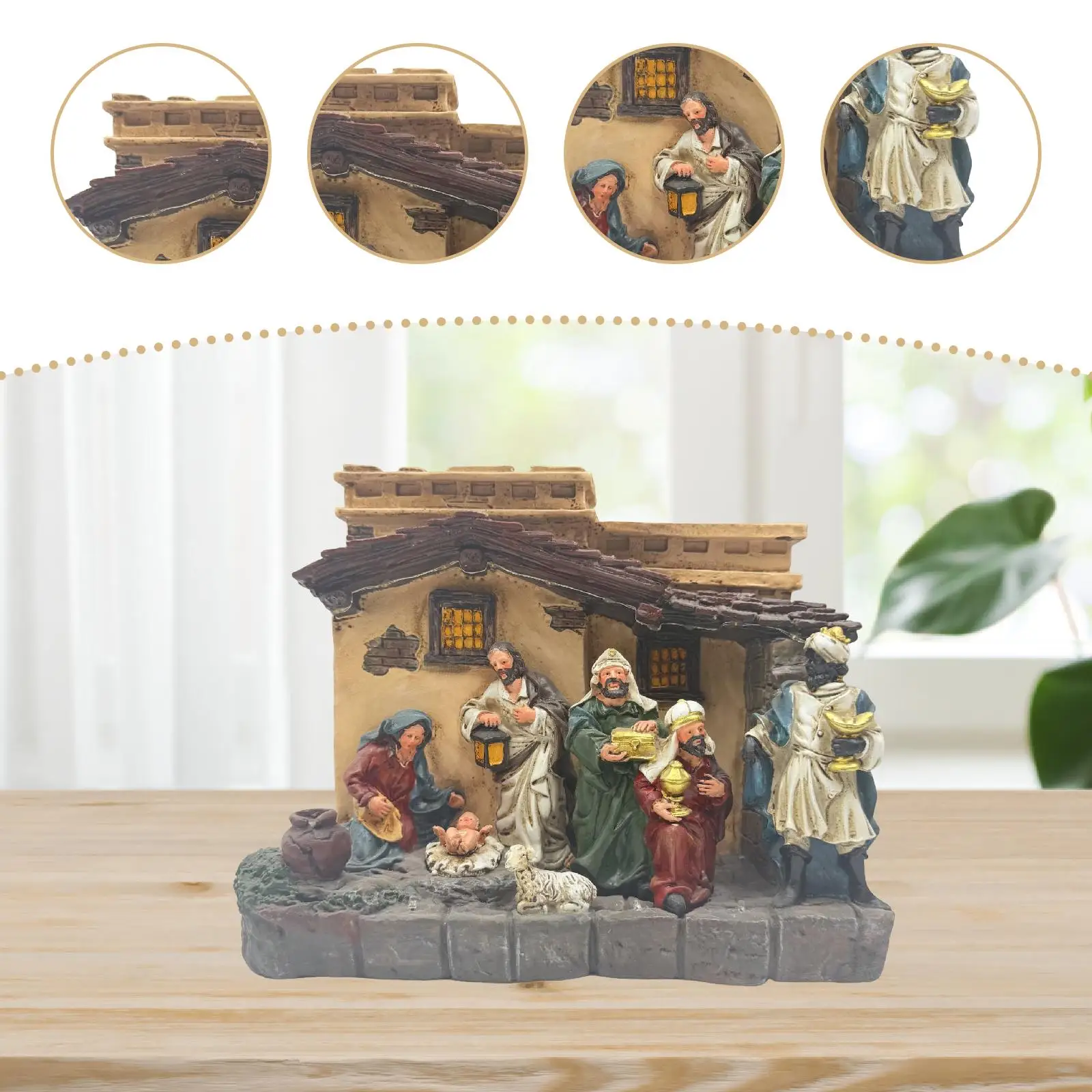 Resin Nativity Scene Figurine LED Christmas Decor Set Religious Ornament Tabletop Room Decoration for Holiday Home