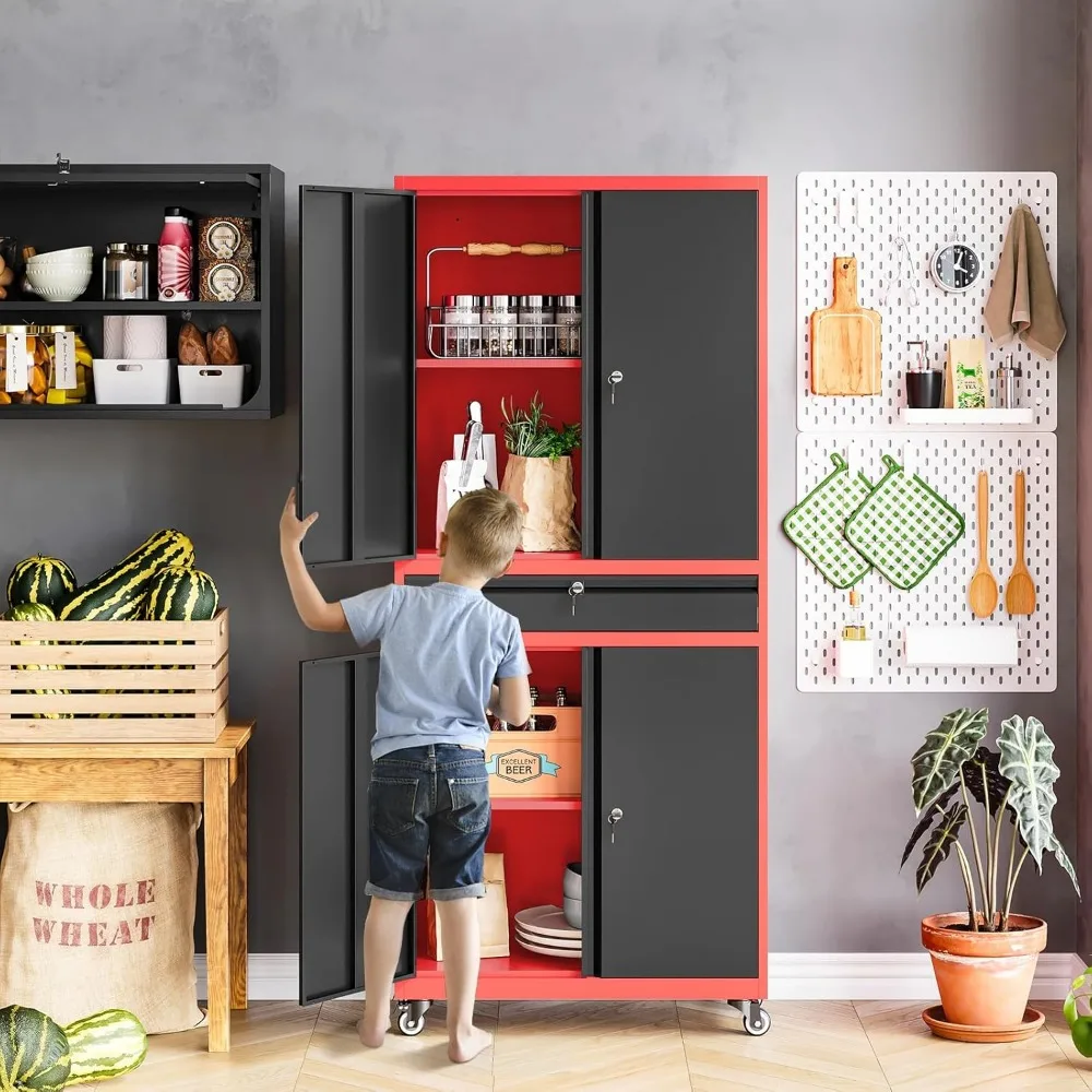 Czerwona metalowa szafka do przechowywania w garażu z kółkami, szufladą na kółkach i szafką z drzwiami do organizacji piwnicy