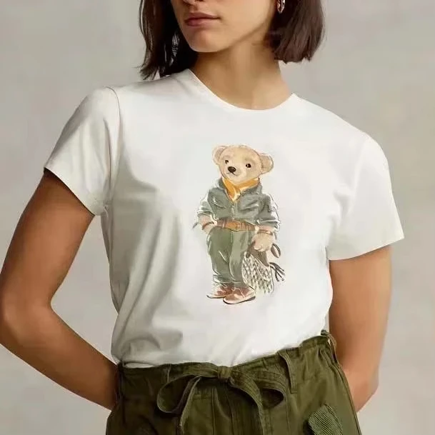 Bear Graphic 100% Cotton T-Shirt Fashion Trends Funny Round Neck T-shirt Women's Clothes Sporty Casual Tops Brand Clothing