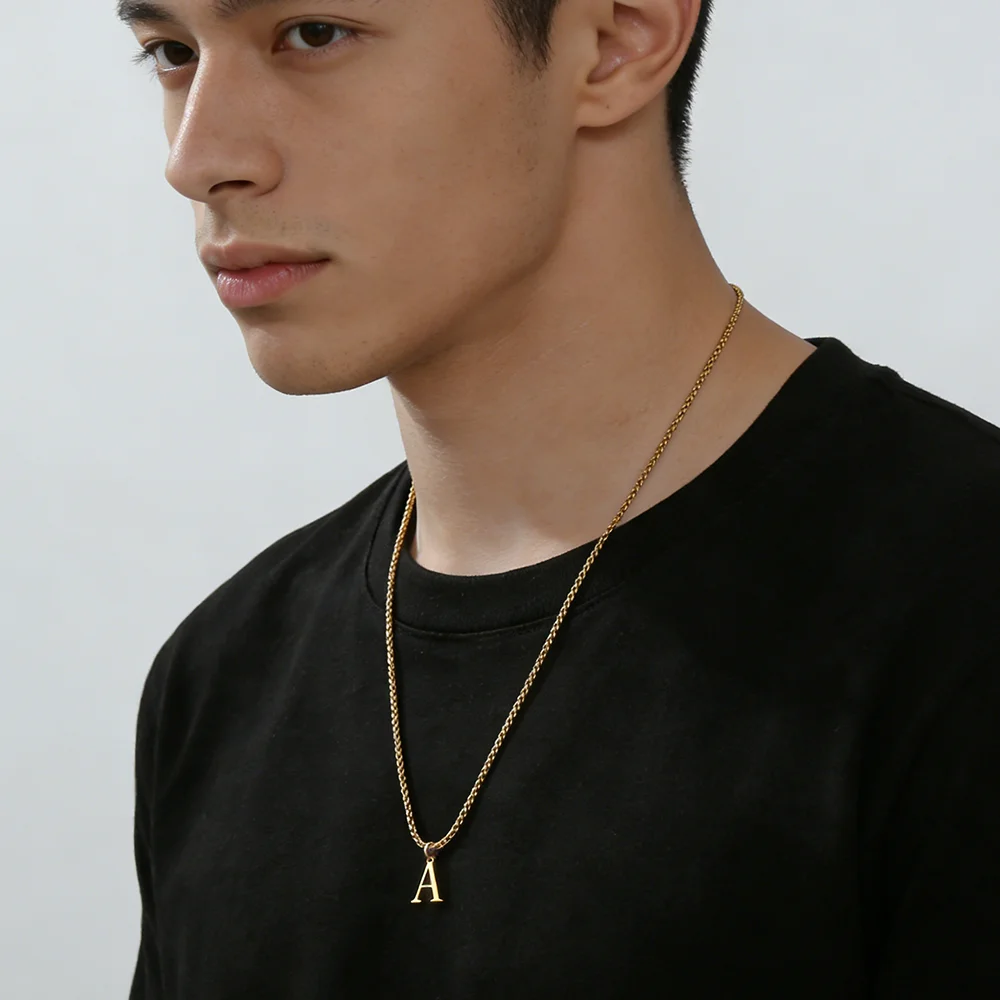 Men Initial Letter Box Chain Necklace 4