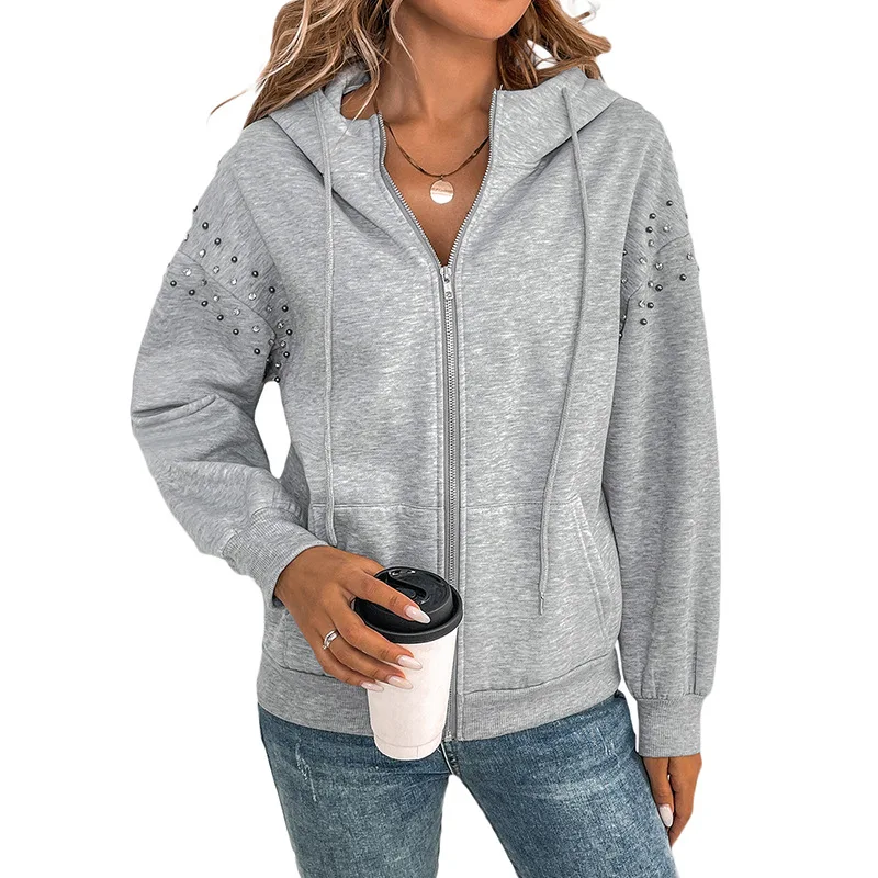 Women's Hooded Coat Zipper Drawstring Long Sleeve Hoodie Autumn Winter Solid Color Rivets Casual Fashion Woman Personality Top
