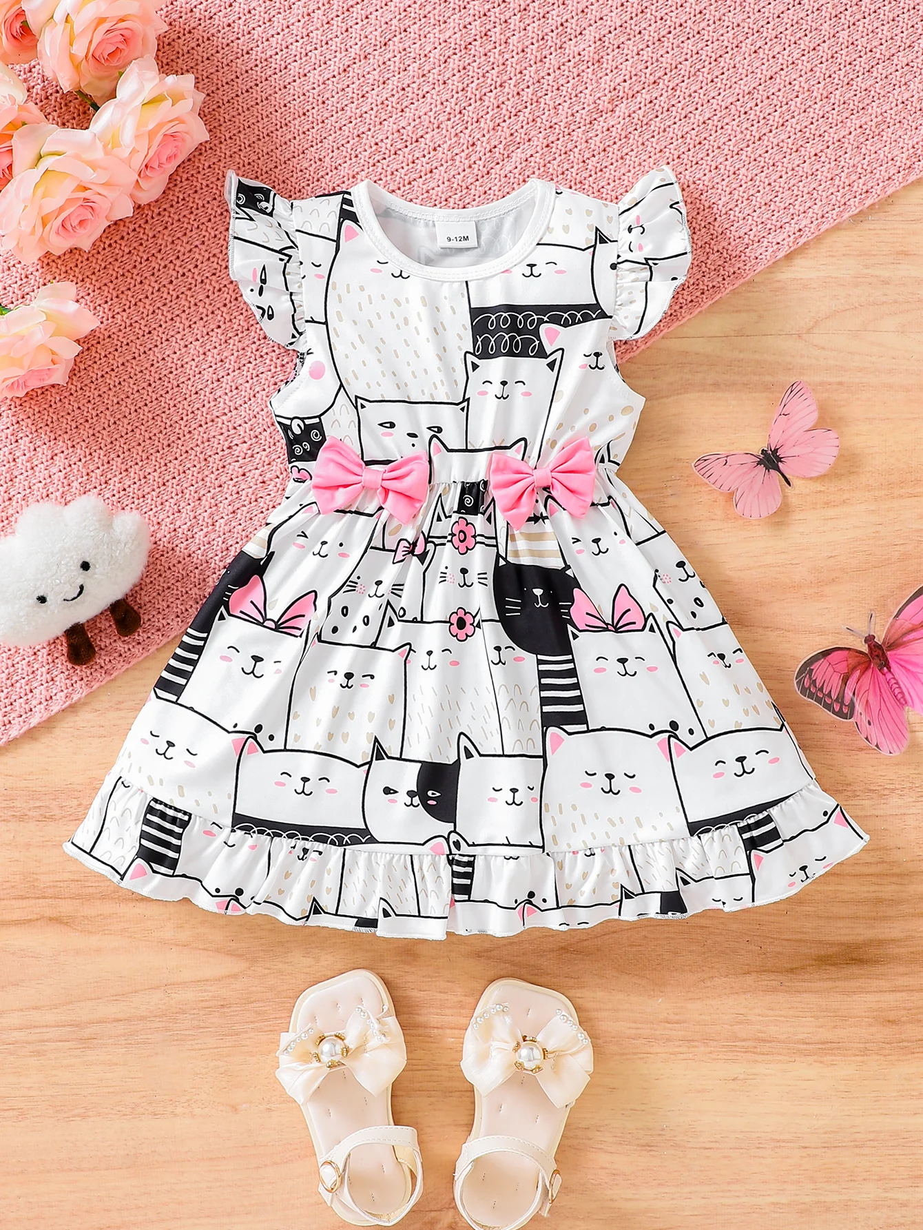 Summer Girls' Cat Print Dress with Fairy Wings And Double Bowknot Waist Princess Skirt Cute And Fun Children's Clothing