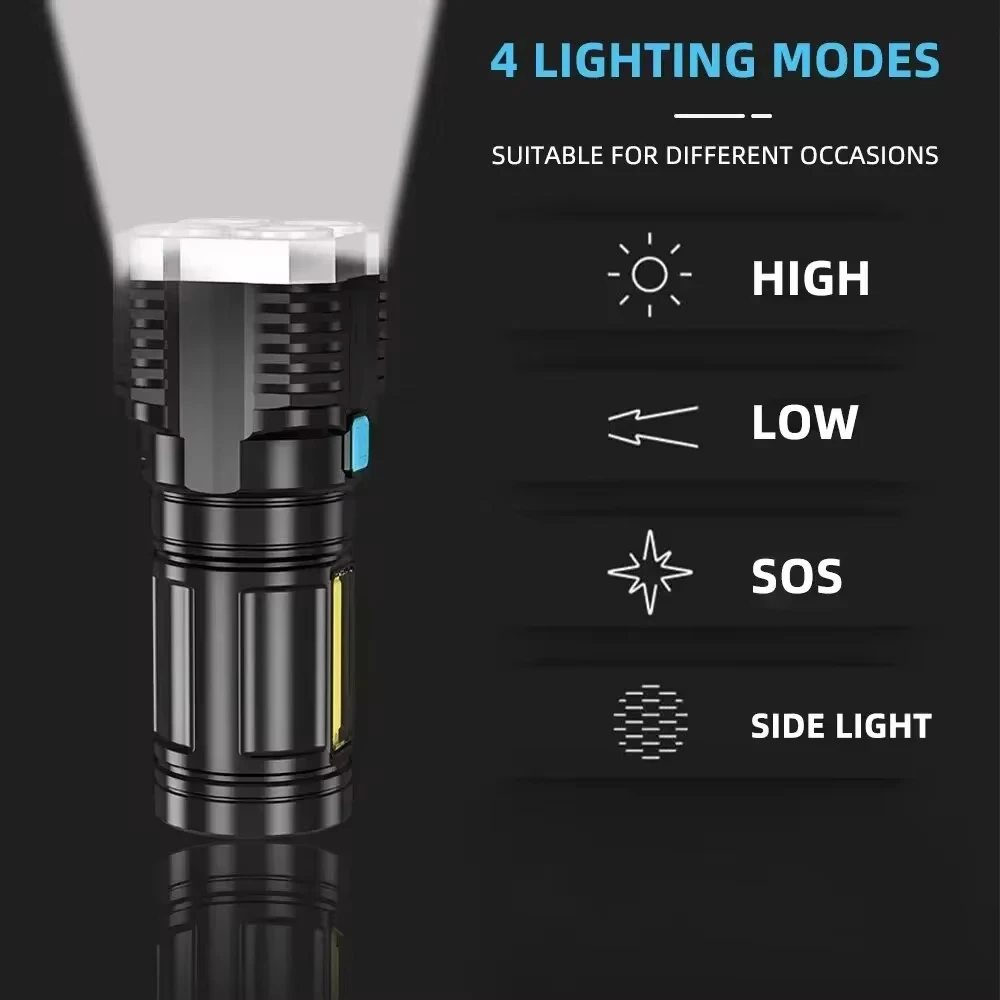 Light Rechargeable Portable Hand Lantern 4 Lighting Mode High Power LED Flashlights Camping Torch With 4 Lamp Beads And COB Side