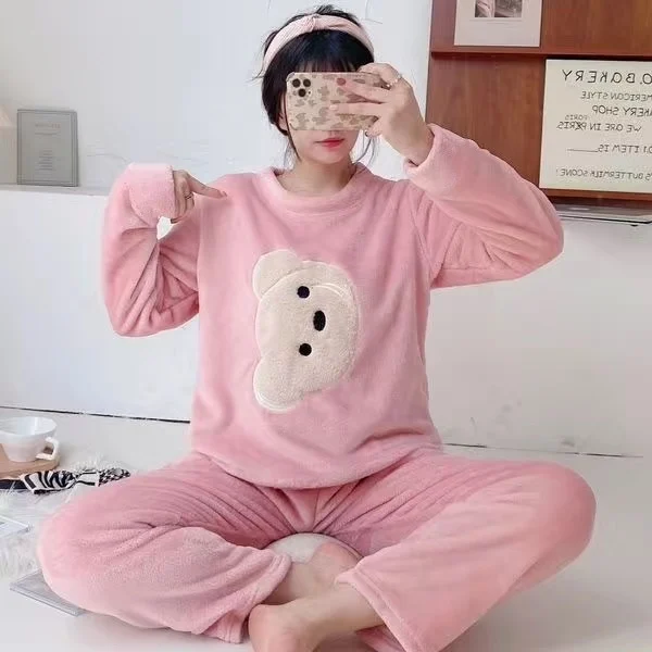 Women Pajamas Autumn Winter Flannel Warm Woman Sleepwear Korean cute Cartoon Pajama Set Fashion Pijama Mujer Home Cloth Pyjamas