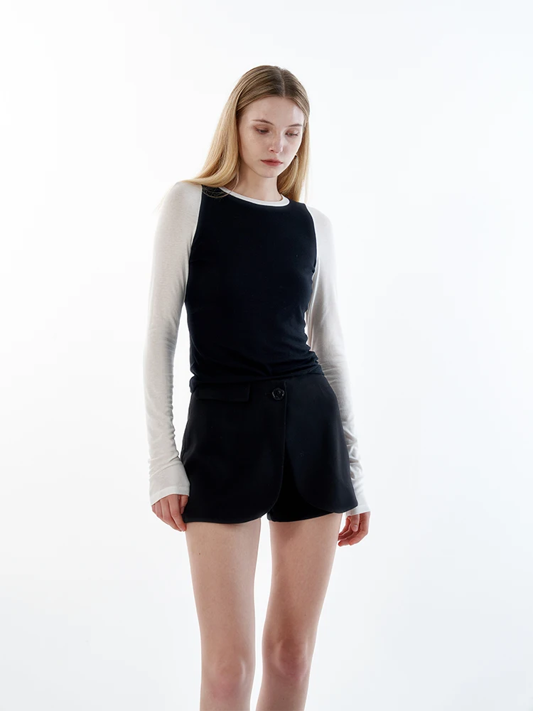 

New ROLLINGAGE Women's Knitted Long Sve T-irt Color Blo oulder Insertion Base irt Fake Two-Piece round Ne Top