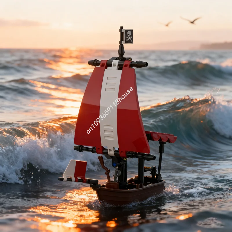 

107pcs MOC Pirate Sailboat Red Sail Piratesed Model Building Christmas Gift Blocks Construction Toy Creative Idea Brick Birthday