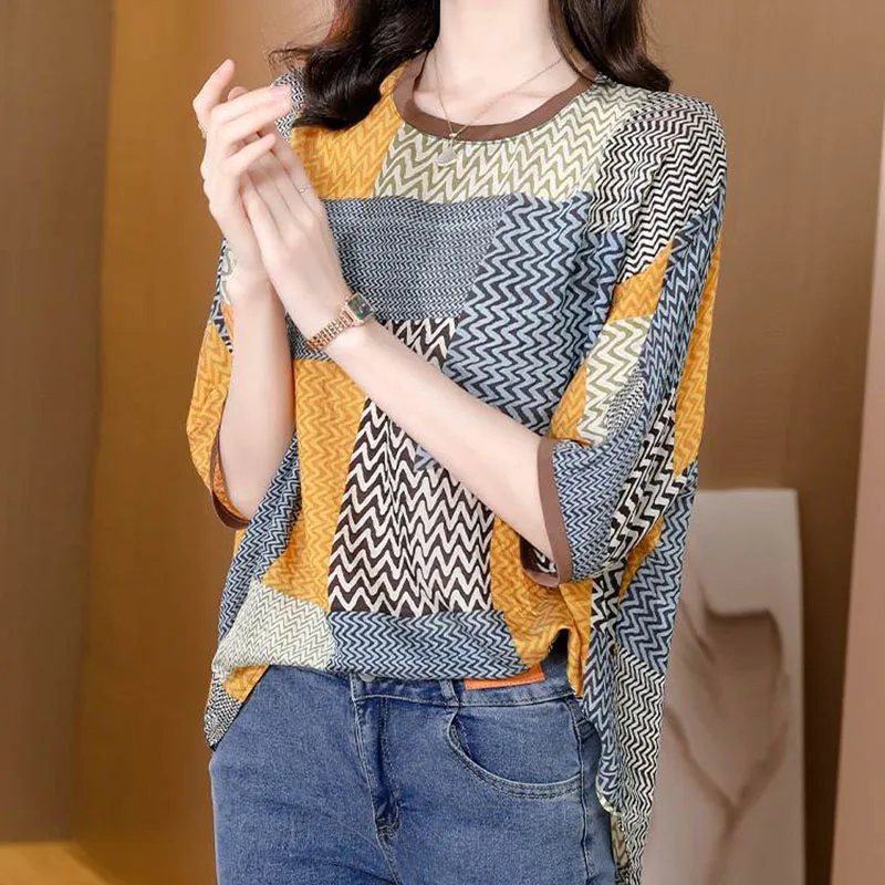 Fashion O-Neck Spliced Printed Irregular Blouse Women\'s Clothing 2024 Spring New Oversized Casual Pullovers Loose Commute Shirt