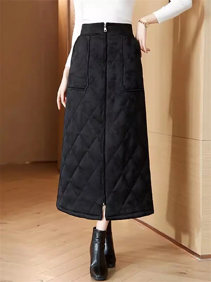 Thickened Down Cotton Skirt Women's Autumn Winter 2023 New Zipper One Piece Mid Length Quilted Skirt Mujer Faldas Z4536