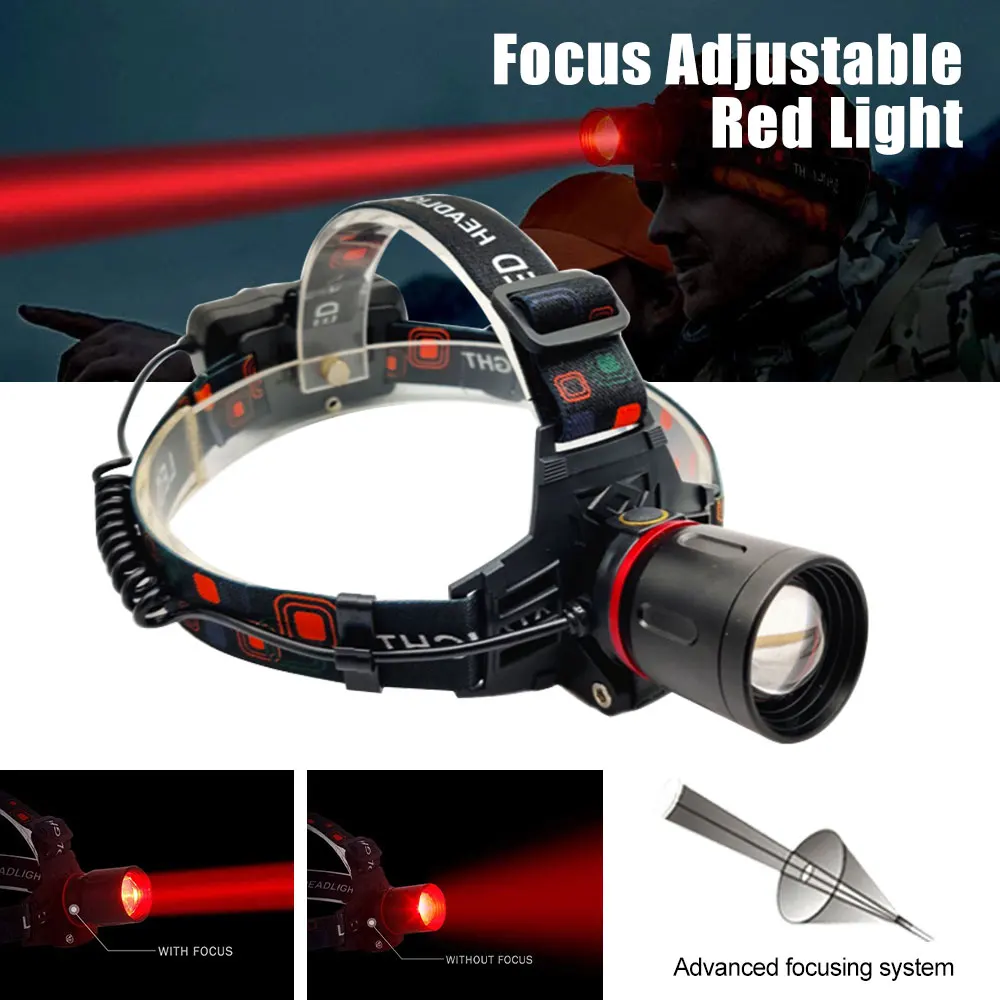 Dual Light Source Headlamp White+Green/Red/395nm UV Headlight Zoom LED Outdoor Hunting Torch Camping Lantern Powered by 2*18650