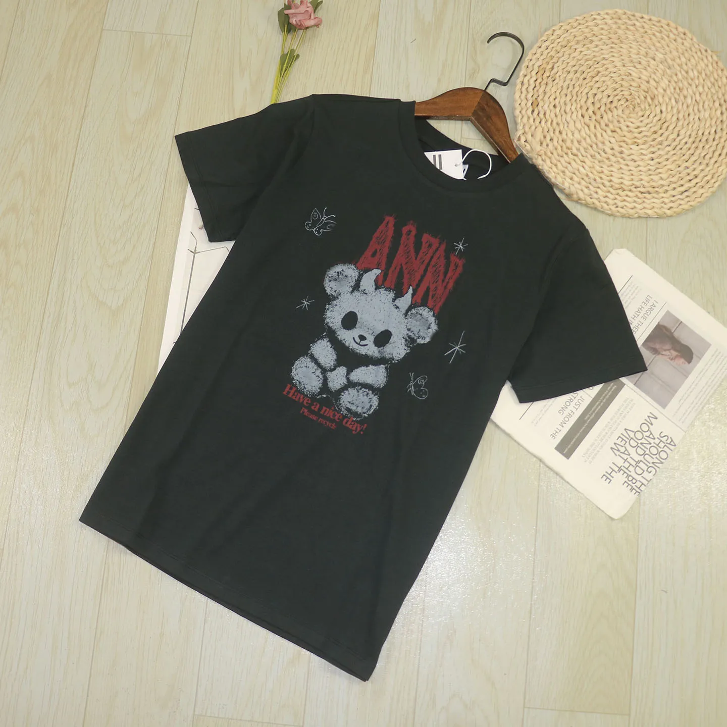Vintage Cotton T-Shirt Letter Print Loose Fit Short Sleeve Women's Summer Slimming Versatile Bear Design Casual Top